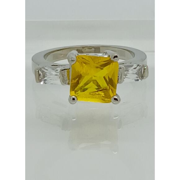 White Gold GP Canary Yellow Princess Cut Sim Diamond CZ Engagement Ring Size 10 - Picture 3 of 10